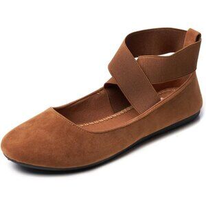 Alpine Swiss Flat Shoes Women Tan Ballet Elastic Ankle Strap Slip Loafers Shoes